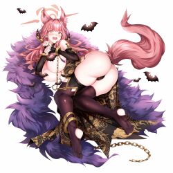 1girl aata1007 animal_ears aru_(blue_archive) ass bat_(animal) black_dress blue_archive blush breasts dress halo highres horns huge_breasts long_hair looking_at_viewer open_mouth pink_hair solo tail thighs wolf_ears wolf_tail yellow_eyes