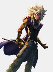 Rule 34 | 1boy, absurdres, armlet, belt, belt buckle, buckle, cape, chain, chain necklace, commentary, dark-skinned male, dark skin, earrings, highres, holding, jewelry, looking down, male focus, millennium rod, necklace, pants, simple background, smile, solo, spiked hair, standing, teeth, vambraces, white background, white hair, y.m, yami marik, yu-gi-oh!, yu-gi-oh! duel monsters