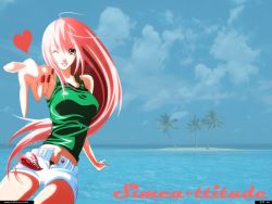 Rule 34 | 00s, 1girl, ahoge, air gear, black panties, blowing kiss, cloud, day, heart, lipstick, long hair, makeup, midriff, nail polish, navel, ocean, one eye closed, oogure ito, open fly, outstretched arm, outstretched hand, palm tree, panties, photo background, pink hair, reaching, red nails, short shorts, shorts, simca, sky, smile, solo, tank top, tree, underwear, unzipped, very long hair, wallpaper, water, watermark, wink, yellow eyes