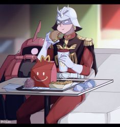 Rule 34 | 1boy, bad id, bad twitter id, blonde hair, burger, char aznable, commentary, cup, disposable cup, eating, english commentary, food, french fries, gloves, gundam, helmet, highres, holding, holding cup, holding food, jacket, kyou (ningiou), male focus, mask, mcdonald&#039;s, mecha, mobile suit, mobile suit gundam, one-eyed, pink eyes, red jacket, robot, sitting, smile, white gloves, zaku ii s char custom, zeon