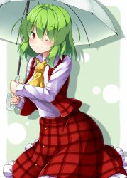 Rule 34 | 1girl, ;), aka tawashi, ascot, blush, border, breasts, circle, commentary request, green background, green hair, hair between eyes, head tilt, highres, holding, holding umbrella, kazami yuuka, long sleeves, looking at viewer, medium breasts, one eye closed, outside border, petticoat, plaid, plaid skirt, plaid vest, red eyes, red skirt, red vest, shadow, shirt, short hair, simple background, skirt, smile, solo, touhou, umbrella, vest, white border, white shirt, wing collar, yellow ascot