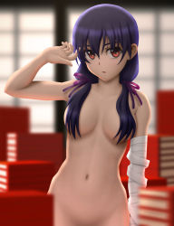 Rule 34 | 10s, 1girl, bandages, book, breasts, censored, convenient censoring, groin, hair censor, hair over breasts, hair ribbon, hanamonogatari, highres, kanbaru suruga, large breasts, long hair, looking at viewer, low-tied long hair, low twintails, monogatari (series), multiple girls, navel, nude, nudist, open mouth, out-of-frame censoring, purple hair, red eyes, ribbon, siraha, solo, twintails