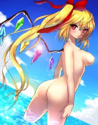 Rule 34 | 1girl, aged up, ass, bad id, bad pixiv id, blonde hair, blue sky, blush, bow, breasts, cloud, day, dutch angle, female focus, flandre scarlet, hair bow, large breasts, lens flare, long hair, looking back, mataro (matarou), nipples, nude, ocean, red eyes, side ponytail, sky, solo, touhou, very long hair, wading, water, wings