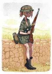 Rule 34 | 1girl, absurdres, blonde hair, blue eyes, bolt action, boots, breasts, canteen, cleavage, commentary, dirty, dirty face, english commentary, erica (naze1940), grin, gun, hat, highres, holding, holding gun, holding weapon, looking at viewer, mauser 98, military, original, outdoors, rifle, sitting, smile, solo, stone wall, sweat, wall, weapon, world war ii