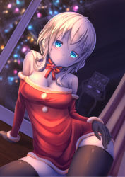 Rule 34 | 10s, 1girl, abyssal ship, bare shoulders, black gloves, black thighhighs, blonde hair, blue eyes, blurry, blush, bow, bowtie, breasts, cleavage, closed mouth, collarbone, curtains, detached collar, dress, dutch angle, fir tree, fur trim, glass, gloves, glowing, hand on own hip, heart, heart-shaped lock, kantai collection, kirimori toya, large breasts, light, lock, long sleeves, looking at viewer, monster, off-shoulder dress, off shoulder, red bow, red bowtie, red dress, santa costume, short hair, sign, sitting, solo, strapless, strapless dress, text focus, thighhighs, translation request, tree, window, wo-class aircraft carrier, wooden floor, yokozuwari, zettai ryouiki