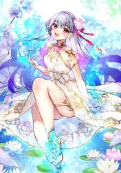 Rule 34 | 1girl, absurdres, armlet, bare shoulders, blue fire, blue hair, blush, bracelet, breasts, circlet, collar, collarbone, dress, earrings, fate/grand order, fate/grand order arcade, fate (series), fire, flower, gold trim, hair flower, hair ornament, hair ribbon, highres, jewelry, kama (fate), kama (mistake) (fate), lily (flower), lily pad, long hair, looking at viewer, metal collar, misaki346, multicolored hair, open mouth, petals, red eyes, ribbon, ripples, sandals, small breasts, smile, solo, two-tone hair, water, white dress, white hair