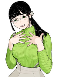 Rule 34 | 1girl, animification, black hair, blush, breasts, glasses, green eyes, green sweater, grey skirt, head tilt, highres, long hair, medium breasts, open mouth, pink nails, real life, ribbed sweater, sakamoto giulietta, shinonome umi, simple background, skirt, smile, solo, suspenders, sweater, sweater tucked in, teeth, upper teeth only, white background