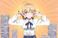 Rule 34 | 1girl, ahoge, artoria pendragon (fate), blonde hair, blue skirt, blush, bowl, breasts, chopsticks, double v, emotional engine - full drive, fate/grand order, fate/stay night, fate (series), food, food on face, green eyes, highres, medium breasts, rice, rice bowl, rice on face, saber (fate), shirt, sii artatm, skirt, solo, v, white shirt