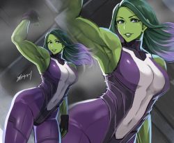 Rule 34 | 1girl, animification, arm up, armpits, bodysuit, colored skin, covered navel, cowboy shot, floating hair, green hair, green skin, long hair, looking at viewer, marvel, muscular, muscular female, parted lips, purple bodysuit, she-hulk, shibusun, sleeveless, smile, solo, zoom layer