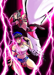 Rule 34 | 2girls, bad id, bad pixiv id, bare shoulders, black hair, blue shorts, bracelet, breasts, capcom, chinese clothes, cleavage, crop top, cuffs, cutoffs, denim, denim shorts, detached sleeves, drill hair, dudou, elbow gloves, evil grin, evil smile, final fight, fingerless gloves, gloves, grin, halterneck, han juri, handcuffs, hat, high heels, highres, jewelry, kicking, large breasts, lightning, long hair, marimo (yousei ranbu), midriff, multiple girls, navel, open fly, peaked cap, pink hair, poison (final fight), riding crop, salute, shirt, shoes, shorts, smile, spiked bracelet, spikes, street fighter, street fighter iv (series), street fighter x tekken, tank top, taut clothes, taut shirt, tekken, twin drills, twintails, underboob, unzipped