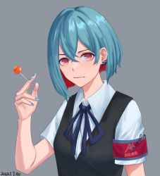 Rule 34 | 1girl, armband, blue hair, blue nails, blue pupils, blue ribbon, bobby pin, candy, closed mouth, dated, earrings, fingernails, food, grey background, guyijun, hair between eyes, highres, holding, holding candy, holding food, jewelry, light blue hair, lollipop, looking at viewer, medium hair, nail polish, original, red eyes, red hair, ribbon, signature, simple background, solo, upper body