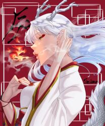 Rule 34 | 1girl, breath weapon, breathing fire, dragon tail, fake horns, fire, fire emblem, fire emblem: radiant dawn, grey hair, half updo, highres, horns, japanese clothes, kimono, long hair, long sleeves, marth-chan (micaiah mrmm), micaiah (fire emblem), nintendo, open mouth, red background, red nails, signature, simple background, solo, tail, upper body, white kimono, wide sleeves, yellow eyes