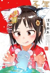 Rule 34 | 1girl, :q, animal ear fluff, animal ears, ano ko wa toshi densetsu, black hair, black hairband, blush, brown eyes, chinese zodiac, closed mouth, commentary request, crying, earth (planet), fake animal ears, floral print, flower, flying sweatdrops, giant, giantess, gomennasai, hair flower, hair ornament, hairband, hairclip, highres, japanese clothes, kimono, long sleeves, mouse ears, mouse tail, new year, parted bangs, planet, print kimono, red kimono, smile, tail, tears, tongue, tongue out, translation request, wide sleeves, year of the rat, yellow flower, zangyaku-san