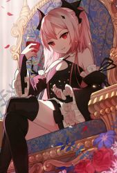 Rule 34 | 10s, 1girl, boots, child, cup, flower, krul tepes, long hair, looking at viewer, owari no seraph, petals, pink hair, rose, sitting, throne, twintails