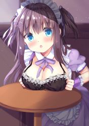 Rule 34 | 1girl, :o, apron, black bra, blue eyes, blush, bra, breast rest, breasts, breasts squeezed together, brown hair, cleavage, clenched hands, commentary request, detached collar, dress, hair ornament, hairclip, heart, heart hair ornament, large breasts, long hair, looking at viewer, maid, maid apron, maid headdress, open mouth, original, purple dress, purple ribbon, ribbon, shadow, shionorano, short sleeves, short twintails, solo, table, twintails, underwear
