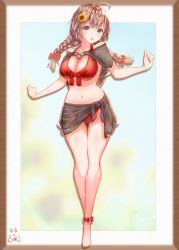 Rule 34 | 1girl, absurdres, ahoge, anklet, barefoot, bikini, black sarong, braid, breasts, brown eyes, brown hair, cleavage, commentary request, dated, flower, full body, hair flower, hair ornament, highres, jewelry, kantai collection, large breasts, long hair, looking at viewer, red bikini, sarong, shanghmely, shinshuu maru (kancolle), signature, solo, standing, sunflower, swimsuit, twin braids