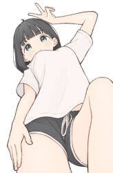 Rule 34 | 1girl, 1ssakawaguchi, absurdres, ahoge, arm up, black hair, black shorts, blue eyes, bob cut, commentary, drawstring, expressionless, foreshortening, from below, hand on own thigh, highres, ichika (1ssakawaguchi), knee up, light blush, loose clothes, loose shirt, lying, midriff peek, on back, original, shirt, short shorts, short sleeves, shorts, simple background, solo, symbol-only commentary, thighs, v, white background, white shirt