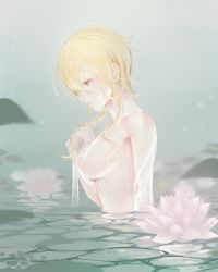 Rule 34 | 1girl, absurdres, blonde hair, breasts, closed mouth, covered erect nipples, flower, from side, genshin impact, hair between eyes, highres, ia (ias1010), large breasts, leaf, lotus, lumine (genshin impact), nude, partially submerged, profile, see-through, short hair with long locks, solo, water, wet, wet hair, yellow eyes