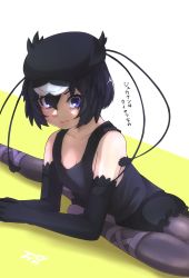 Rule 34 | 1girl, antennae, bare shoulders, black gloves, black hair, black hat, black pantyhose, black shorts, black tank top, blue eyes, collarbone, commentary request, elbow gloves, flexible, gloves, hair between eyes, hat, head wings, highres, kemono friends, looking at viewer, pantyhose, short hair, shorts, signature, smile, solo, stretching, superb bird-of-paradise (kemono friends), tank top, thin (suzuneya), translation request, wings