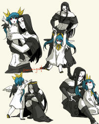Rule 34 | 1boy, 1girl, aged down, androgynous, black hair, blue eyes, blue hair, bow, bowtie, carrying, child, dizzy (guilty gear), guilty gear, guilty gear x, head wreath, highres, multiple views, pointing, red eyes, smile, smirkingcat, straight hair, testament (guilty gear), trap, twintails, twitter username, yellow bow