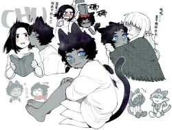 Rule 34 | &gt; &lt;, 1boy, 3girls, :3, aged down, animal ears, barefoot, black eyes, black hair, blue eyes, blunt bangs, blush, book, cat boy, cat ears, cat girl, cat tail, chinese text, commentary, curly hair, double-parted bangs, dress, dungeon meshi, elf, embarrassed, hand on own knee, hitting, holding, holding book, hug, izutsumi, kabru, kiss, kissing cheek, light blush, long hair, maaa 0211, medium hair, milsiril (dungeon meshi), multiple girls, partially colored, pointy ears, red scarf, rin (dungeon meshi), scarf, shirt, short hair, sitting, sweat, sweatdrop, symbol-only commentary, tail, translation request, white background