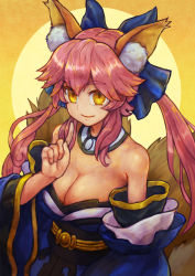 Rule 34 | 1girl, absurdres, animal ear fluff, animal ears, bare shoulders, blue bow, blue kimono, bow, breasts, cleavage, collar, commentary, detached collar, detached sleeves, fate/extra, fate/grand order, fate (series), fox ears, fox girl, fox tail, hair between eyes, hair bow, highres, japanese clothes, kimono, kitsune, kusama takato, large breasts, long hair, long sleeves, looking at viewer, multiple tails, obi, pink hair, pointing, pointing up, sash, sidelocks, simple background, smile, solo, split ponytail, tail, tamamo (fate), tamamo no mae (fate/extra), upper body, wavy hair, white collar, wide sleeves, yellow background, yellow eyes