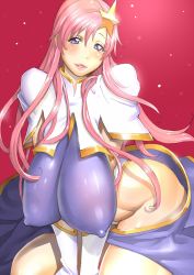 Rule 34 | 1girl, arched back, ass, bent over, blush, breasts, covered erect nipples, curvy, dutch angle, female focus, gloves, gundam, gundam seed, hair ornament, highleg, highres, hip focus, huge ass, huge breasts, kotoyoshi yumisuke, leotard, long hair, looking at viewer, meer campbell, pink hair, purple eyes, purple leotard, red background, simple background, skin tight, smile, solo, star (symbol), star hair ornament, thighs, thong leotard, very long hair, white gloves