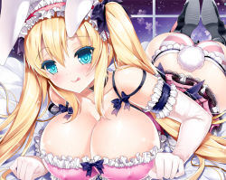 Rule 34 | 1girl, :p, animal ears, ass, bad id, bad pixiv id, blonde hair, blue eyes, blush, breasts, bursting breasts, cleavage, cleavage cutout, clothing cutout, cosmos (the crying moon), gloves, large breasts, long hair, original, panties, rabbit ears, rabbit tail, solo, tail, tongue, tongue out, twintails, underwear, very long hair
