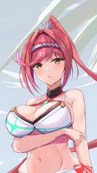 Rule 34 | 1girl, adapted costume, arm under breasts, armpit crease, bare shoulders, bikini, blush, breasts, chest jewel, core crystal (xenoblade), criss-cross halter, eyelashes, glimmer (xenoblade), gradient hair, grey background, hair intakes, hairband, halterneck, high ponytail, highres, karuushi, large breasts, long hair, looking at viewer, multicolored hair, navel, orange eyes, outdoors, parted lips, pink hair, ponytail, red hair, red hairband, shiny skin, sidelocks, solo, swept bangs, swimsuit, two-tone hairband, upper body, white bikini, white hairband, xenoblade chronicles (series), xenoblade chronicles 3, xenoblade chronicles 3: future redeemed