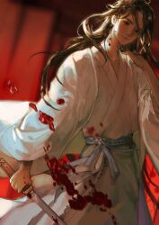 Rule 34 | 1boy, absurdres, blood, blood on clothes, blood on face, bloody weapon, blurry, blurry background, brown eyes, brown hair, chinese clothes, chinese commentary, depth of field, hand on own shoulder, hanfu, highres, holding, holding sword, holding weapon, huixian97, jian (weapon), long hair, long sleeves, looking at viewer, male focus, qiang jin jiu, shen lanzhou, smile, solo, standing, sword, tassel, weapon, white hanfu, wide sleeves