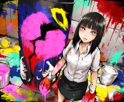 Rule 34 | 1girl, black hair, black skirt, blunt bangs, boxing gloves, bright pupils, broken heart, buttons, collarbone, commentary request, dress shirt, from above, grey eyes, halo, heart, long hair, looking at viewer, looking up, oekaki musume, original, paint, paint can, paint on clothes, paint splatter, paint splatter on face, painting (action), parted lips, partially unbuttoned, pencil skirt, pun, punching bag, shirt, shirt tucked in, short sleeves, skirt, solo, standing, white pupils, white shirt, yajirushi (chanoma)