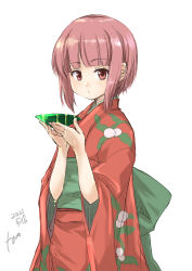 Rule 34 | 1girl, absurdres, artist name, blunt bangs, brown eyes, brown hair, commentary request, cosplay, cowboy shot, cup, dated, fyuo, highres, holding, holding saucer, japanese clothes, kantai collection, kimono, mushishi, one-hour drawing challenge, red kimono, renzu (mushishi), renzu (mushishi) (cosplay), sakazuki, saucer, short hair, simple background, solo, white background, z3 max schultz (kancolle)