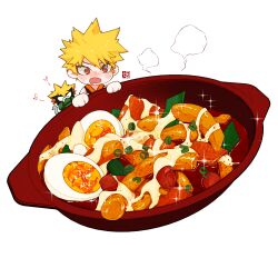 Rule 34 | 1boy, bakugou katsuki, blonde hair, boku no hero academia, drooling, egg (food), explosive, food, food focus, grenade, heart, hungry, male focus, open mouth, red eyes, simple background, softboiled egg, solo, spiked hair, tteokbokki, white background, yun muffin