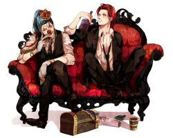 Rule 34 | 2boys, amputee, bad id, bad pixiv id, blue hair, bottle, bracelet, buggy the clown, couch, crown, cup, formal, jewelry, male focus, mcr, multiple boys, necklace, necktie, one piece, open clothes, open shirt, red hair, red upholstery, scar, shanks (one piece), shirt, treasure chest, waistcoat