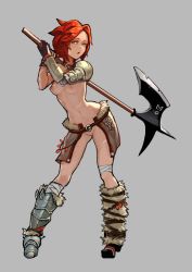 Rule 34 | 1girl, annoyed, armor, armored boots, axe, bandages, barbarian, battle axe, boots, bracelet, breasts, full body, green eyes, grey background, hamama2, highres, holding, holding axe, jewelry, leg warmers, medium breasts, navel, open mouth, over shoulder, red hair, scar, short hair, shoulder armor, simple background, solo, tribal, warrior, weapon, weapon over shoulder