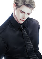 Rule 34 | 1boy, black necktie, black shirt, closed eyes, closed mouth, collared shirt, diagonal-striped clothes, diagonal-striped necktie, formal, leila lee, light brown hair, male focus, necktie, original, parted hair, shirt, short hair, signature, simple background, solo, striped clothes, upper body, white background