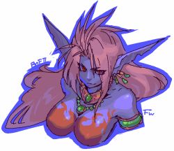 Rule 34 | 1girl, blue skin, breasts, breath of fire, breath of fire ii, colored skin, earrings, jewelry, large breasts, long hair, lots of jewelry, necklace, pointy ears, purple hair, red eyes, rinpoo chuan, simple background, white background