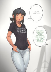 Rule 34 | 1girl, ahoge, black hair, black shirt, blunt bangs, blurry, blurry background, blush, breasts, brown eyes, collarbone, cowboy shot, denim, english text, gloomy (leonzo), highres, khmuro, leonzo, low twintails, medium hair, open mouth, original, pants, sega, shirt, short sleeves, short twintails, sidelocks, small breasts, solo, speech bubble, t-shirt, tan, teeth, thumbs in pockets, twintails, upper teeth only, white pants