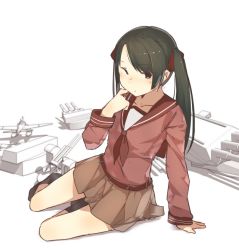 Rule 34 | 10s, 1girl, aircraft, airplane, arm support, belt, black eyes, black hair, black socks, blouse, brown skirt, collarbone, eyebrows, full body, fuu fuu, hair ornament, hand up, kantai collection, long sleeves, looking at viewer, mikuma (kancolle), neckerchief, pleated skirt, red shirt, shadow, shirt, simple background, sitting, skirt, socks, solo, turret, twintails, white background, yokozuwari