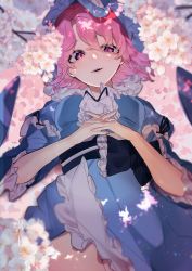 Rule 34 | 1girl, absurdres, blue hat, branch, cherry blossoms, cowboy shot, flower, frilled sleeves, frills, hat, highres, huge filesize, interlocked fingers, kappa mame, looking at viewer, lying, open mouth, pink eyes, pink hair, saigyouji yuyuko, shade, short hair, solo, touhou