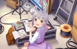 Rule 34 | 1girl, artist request, bag, blush, book, brown eyes, charm (object), cupboard, eraser, hair ornament, hairclip, highres, holding, holding pencil, idolmaster, idolmaster cinderella girls, idolmaster cinderella girls starlight stage, instrument case, koshimizu sachiko, long sleeves, looking at viewer, notepad, official art, open mouth, paper, pencil, pencil case, plastic bag, purple hair, school bag, short hair, solo, sweatdrop