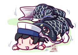 Rule 34 | 1girl, artist logo, black hair, brown eyes, carp, commentary request, crawling, dated, dress, fish costume, hat, hiburi (kancolle), kantai collection, koinobori, kutone shirika, low ponytail, lying, on stomach, sailor hat, short hair, short sleeves, simple background, solo, white background, white dress, windsock, | |