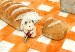 Rule 34 | animal, animal focus, ap hamham, artist name, bag, baguette, bread, brown fur, chainsaw, crumbs, english text, food, food focus, full body, hamster, highres, holding, holding chainsaw, no humans, original, paper bag, seedling, signature, solo, standing