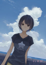 Rule 34 | 1girl, black hair, brown eyes, cloud, commentary, dutch angle, highres, looking at viewer, minamito, ocean, original, outdoors, photo date watermark, shirt, short hair, sky, smile, solo, t-shirt