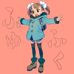 Rule 34 | 1girl, backpack, bag, black eyes, black thighhighs, blue coat, boots, bow, bright pupils, brown footwear, brown hair, child, coat, female focus, full body, fur-trimmed coat, fur-trimmed footwear, fur trim, hair bow, highres, open mouth, original, outstretched arms, pink background, ryo chimo, short shorts, shorts, simple background, solo, spread arms, standing, tareme, thighhighs, twintails, white pupils