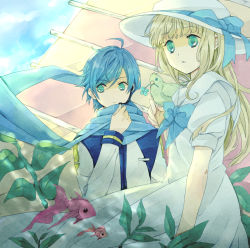 Rule 34 | 1boy, 1girl, ahoge, animal, animal on shoulder, bad id, bad pixiv id, bird, bird on shoulder, blonde hair, blue bow, blue eyes, blue hair, blue scarf, blunt bangs, bow, bowtie, commentary request, crossover, dress, fish, hat, hat bow, jacket, kaito (vocaloid), kohaku7776, long hair, long sleeves, looking away, outdoors, parted lips, puffy short sleeves, puffy sleeves, scarf, seaweed, short sleeves, shouka tori, sky, utau, vocaloid, white dress, white headwear, white jacket
