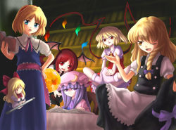 Rule 34 | 5girls, 6+girls, alice margatroid, apron, blonde hair, blue eyes, blush, book, braid, brown eyes, buttons, capelet, chair, crystal, demon girl, demon wings, doll, double-breasted, female focus, flandre scarlet, flying, full body, glasses, hat, head wings, holding, holding book, indoors, jitome, kirisame marisa, koakuma, library, long hair, mob cap, multiple girls, nanao yuki, one eye closed, patchouli knowledge, puffy short sleeves, puffy sleeves, purple eyes, purple hair, shanghai doll, short sleeves, single braid, sitting, size difference, standing, table, touhou, very long hair, voile, waist apron, wings, witch hat