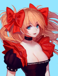 Rule 34 | &gt;:d, 1girl, :d, alternate hairstyle, arms at sides, black dress, blue background, blue eyes, bow, breasts, choker, cleavage, collarbone, dress, eyebrows, floating hair, hair bow, hair ribbon, highres, large breasts, long hair, looking at viewer, neon genesis evangelion, open mouth, orange hair, puffy short sleeves, puffy sleeves, raijuu (bakanara), red bow, ribbon, short sleeves, simple background, smile, solo, souryuu asuka langley, twintails, two side up, upper body, v-shaped eyebrows, wind