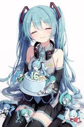 Rule 34 | 1girl, armpit crease, bad end night (vocaloid), bare shoulders, birthday cake, black footwear, black skirt, blue hair, blue necktie, blush, boots, cake, character doll, closed eyes, closed mouth, collarbone, collared shirt, facing viewer, food, fusuma (ramunezake), grey shirt, hair between eyes, hair ornament, hatsune miku, hatsune miku happy 16th birthday -dear creators-, head tilt, headphones, headphones around neck, highres, holding, holding tray, long hair, matryoshka (vocaloid), miniskirt, necktie, odds &amp; ends (vocaloid), pleated skirt, poppippoo (vocaloid), shinkai shoujo (vocaloid), shirt, simple background, sitting, skirt, sleeveless, sleeveless shirt, smile, solo, thigh boots, thighhighs, tray, twintails, ura-omote lovers (vocaloid), very long hair, vocaloid, wariza, white background, world is mine (vocaloid), zettai ryouiki