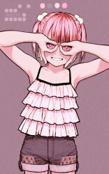 Rule 34 | 1girl, armpits, arms up, bare arms, bare shoulders, camisole, circle name, color guide, cowboy shot, fingernails, flat chest, frills, grin, hair bobbles, hair ornament, halftone, hand glasses, highres, looking at viewer, original, pink eyes, pink hair, rustle, short hair, short shorts, short twintails, shorts, simple background, smile, solo, spaghetti strap, standing, twintails